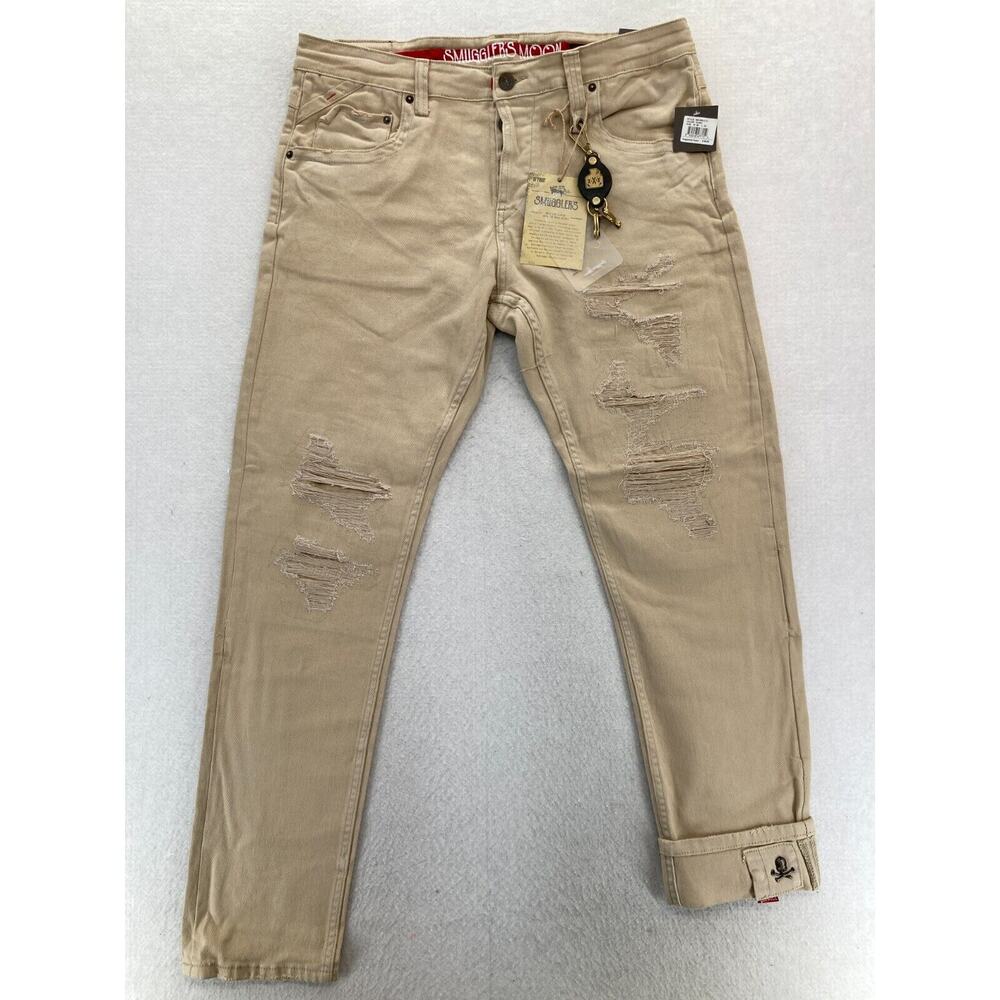 Smugglers Moon Jeans Mens 38x33 Khaki Beige Denim Button Fly Roll Up‎ Distressed